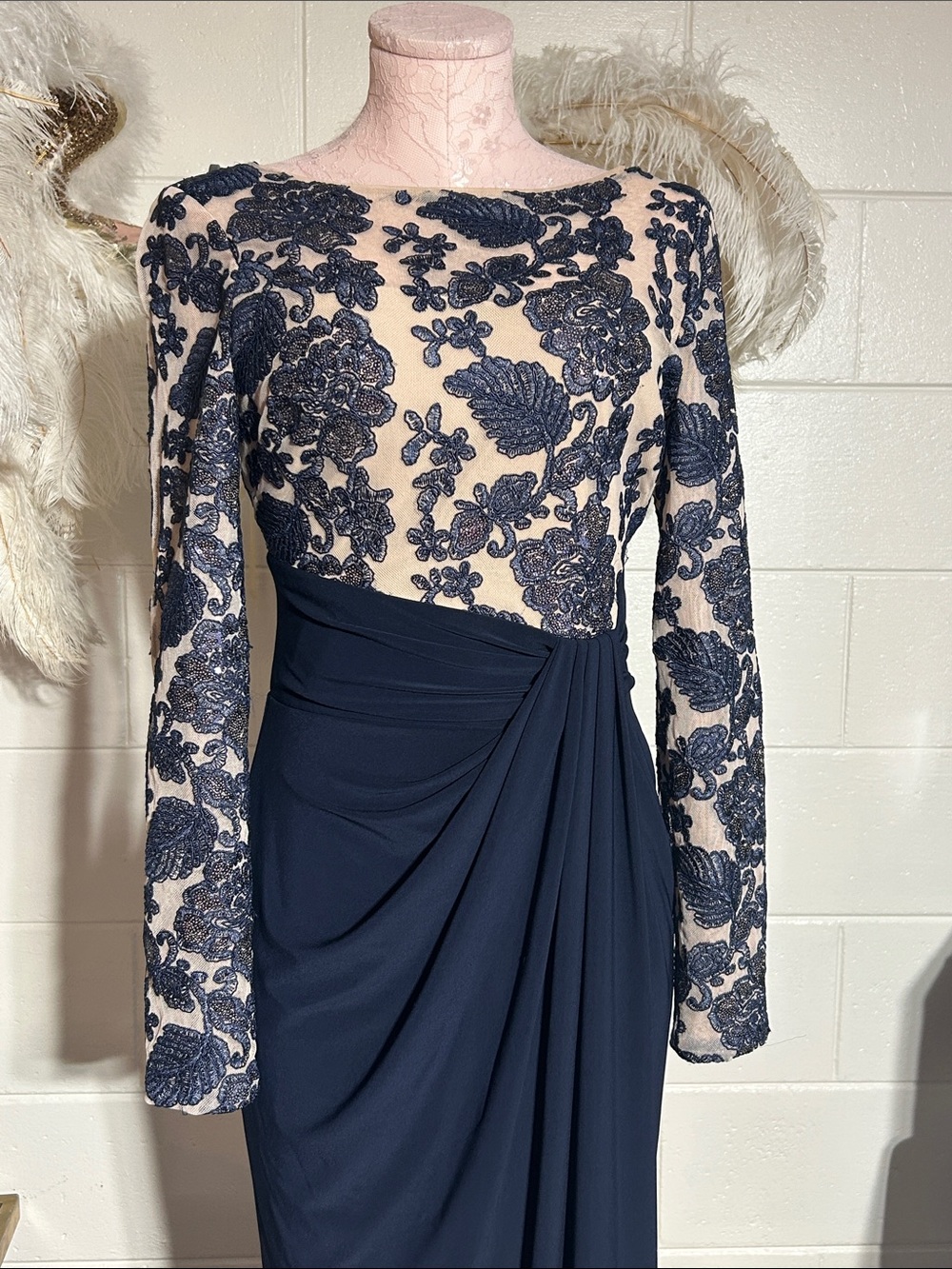 Ralph Lauren LAUREN Navy Blue Lace Appliqué Draped Evening Dress